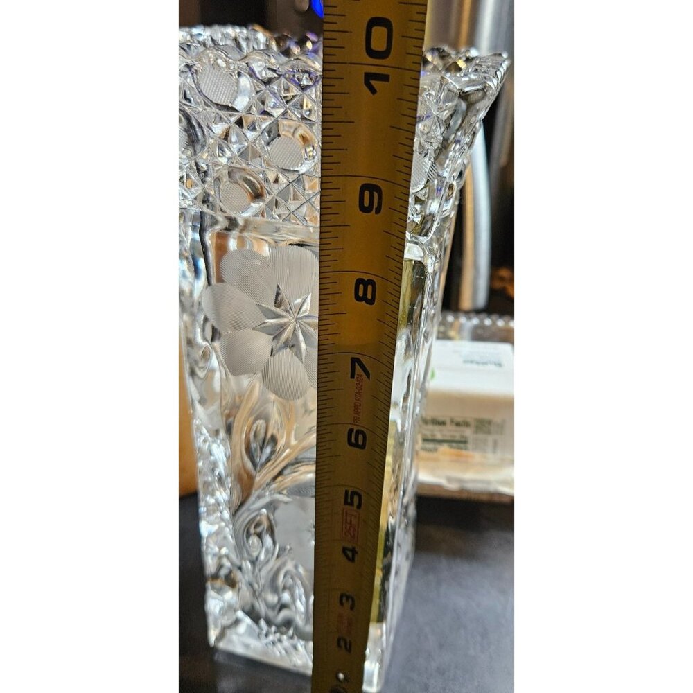 Vintage Vase Crystal Cut Glass Etched Flower & Starburst Rectangular 10 Inches - Picture 6 of 15